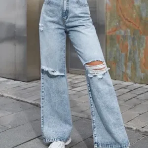 DISTRESS WIDE LEG ICE BLUE JEANS FOR WOMEN NEW STYLE BAGGY BLUE WOMEN KNEE CUT JEANS